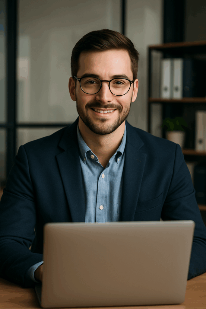 Ein junger IT-Profi in Business-Casual Kleidung, im Büro vor einem Laptop, freundliches Lächeln, professionelles Auftreten, realistisch fotografiert mit Studioqualität.
