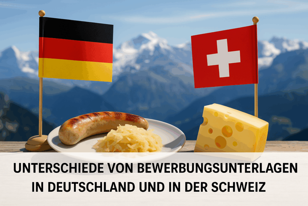 Ein stimmungsvolles Foto zeigt eine gebratene Bratwurst mit Sauerkraut und einem Stück Schweizer Käse vor den Alpen. Dahinter wehen die Flaggen von Deutschland und der Schweiz. Unten steht in klarer, schwarzer Schrift auf einem halbtransparenten weissen Balken der Titel: Unterschiede von Bewerbungsunterlagen in Deutschland und in der Schweiz.
